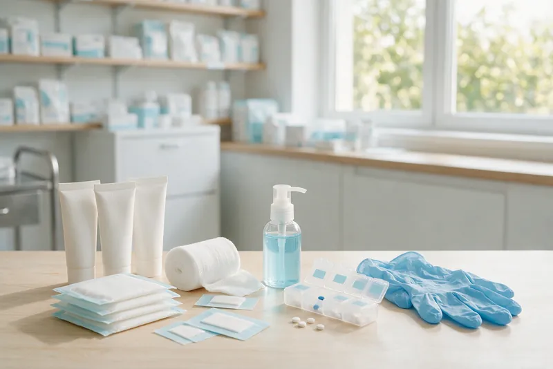 Pflegeprodukte aus dem Sanitätshaus: Hautpflege, Wundauflagen, Verbandmaterial, Handschuhe und Tablettenbox