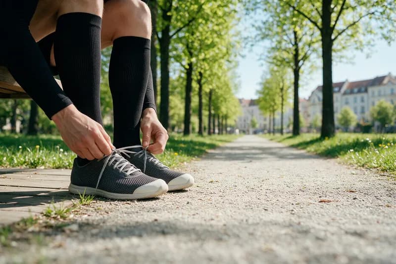 Läufer mit Sport-Kompressionsstrümpfen im Park